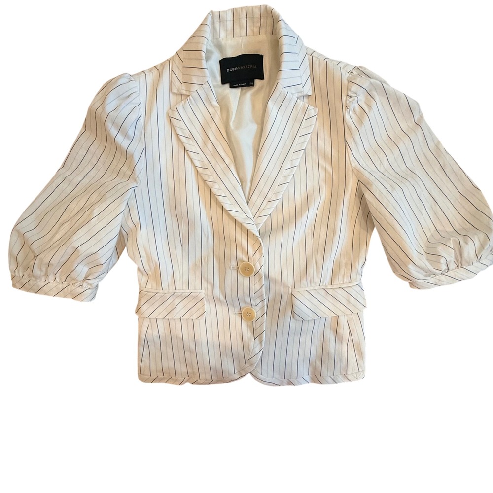 BCBGMAXAZRIA Womens White Pinstripe Puff Sleeve Cropped Blazer Jacket XS $238